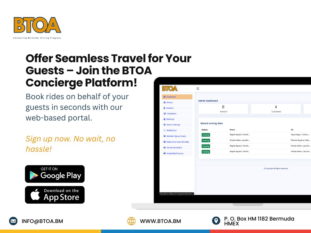 BTOA Connect - pre-arranged taxi Bermuda, book taxi online Bermuda, Bermuda airport transfer, concierge taxi Bermuda, taxi booking app Bermuda, private hire taxi Bermuda, Bermuda tourism transportation