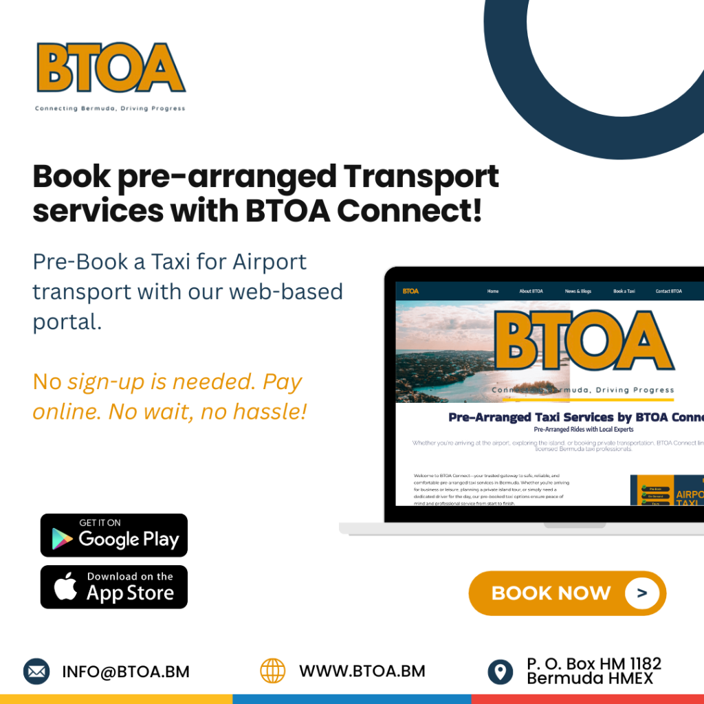 BTOA Connect - pre-arranged taxi Bermuda, book taxi online Bermuda, Bermuda airport transfer, concierge taxi Bermuda, taxi booking app Bermuda, private hire taxi Bermuda, Bermuda tourism transportation